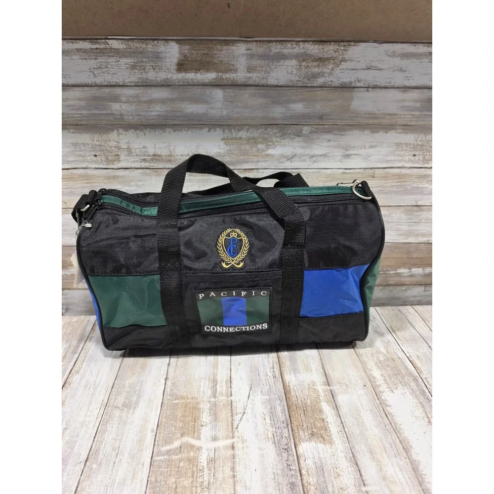 Pacific Connections Vintage Colorblock Duffel Bag Black Green Blue Small Travel
